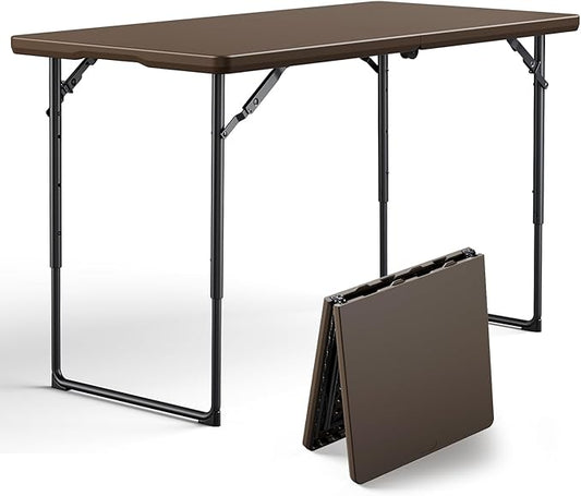 4ft Folding Table, Foldable Picnic Table Portable Table for Indoor Outdoor Use Heavy Duty Plastic Table Camping Table for Party, BBQ, Brown