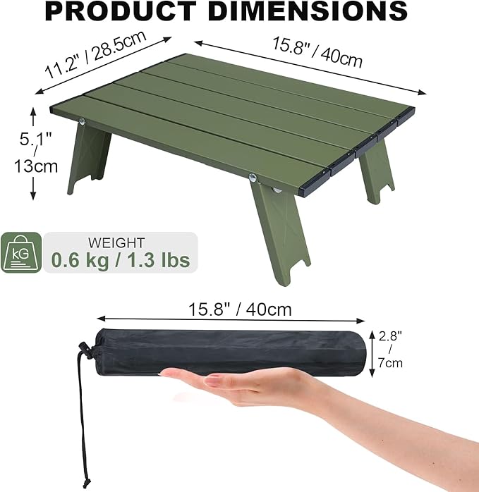 Small Folding Camping Table, Ultralight Portable Mini Beach Table with Carry Bag, Compact Low Side Picnic Tables Aluminum for Beach Camping, Green