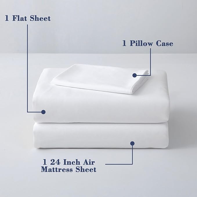 Air Mattress Sheet Set for 16-24 Inch Air Beds Twin Size,Deep Pocket Fitted Sheet with Inflation Opening,Soft & Breathable, for Guests, Camping, RVs, Includes Pillowcase Flat Sheet Fitted Sheet,White