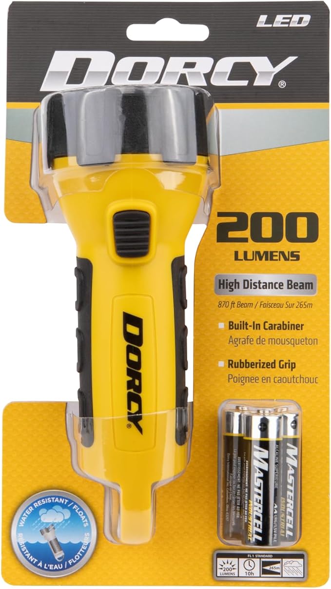 Dorcy 41-2521 Water Resistant Battery Powered Floating LED Flashlight with Carabiner Clip, Ideal for Camping and Outdoors, Bright Yellow