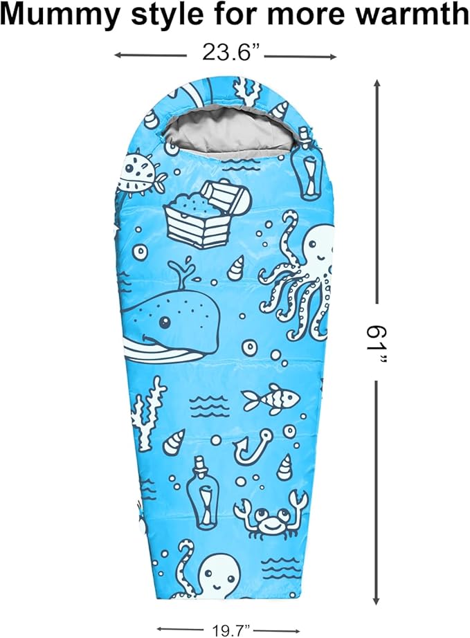 KidzAdventure Mummy Style 32 – 59F Kids Sleeping Bag with Pillow Sleeve, 4 Season, Lightweight and Backpacking Style, Ideal for Camping, Sleepover, Boys, Girls, and Youth