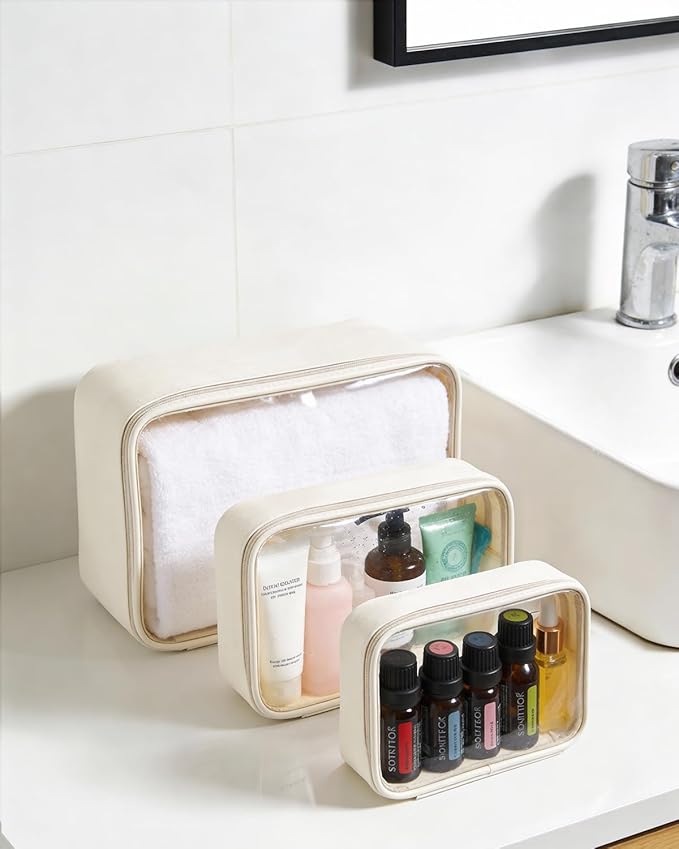 Travel Clear Makeup Bag Set for Women, 3 Pack Travel Size Toiletry Bag with Zipper Small Makeup Pouch for Purse Waterproof Portable Cosmetic Case Compact Car Organizer Storage Bag (Beige Set)