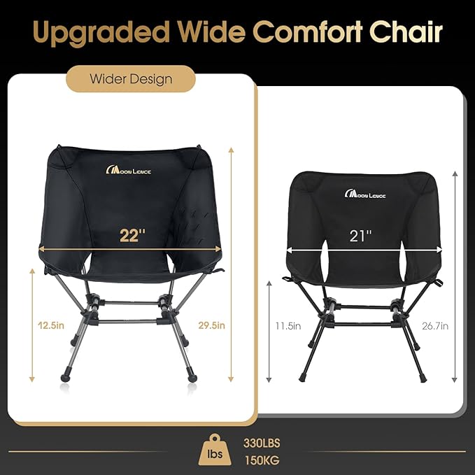 MOON LENCE Camping Chair Plus, Upgraded Comfort & Size, Still Compact and Lightweight, Folding Portable Chair for Backpacking & Hiking, 400Lbs Capacity, Gen 3 Plus (Grey)