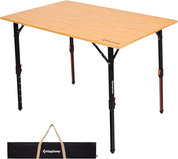 KingCamp 4-Fold Bamboo Camping Table with Serrated Adjustable Legs (16.5" to 27.6"), Heavy-Duty Aluminum Frame & Carry Bag for Outdoor, RV, Picnic, Beach