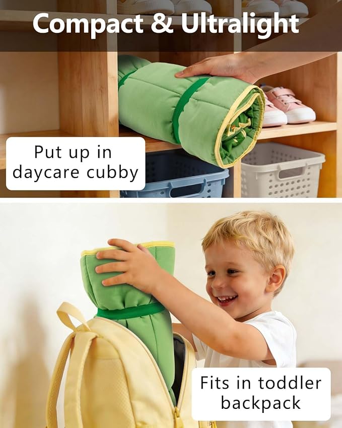 Primlect Lightweight Toddler Nap Mat, Portable Rolled Design Perfect for Daycare Travel, 51”x31 All-in-One Sleeping Bag with Removable Pillow and Fleece Blanket for Boys Girls, Machine Washable