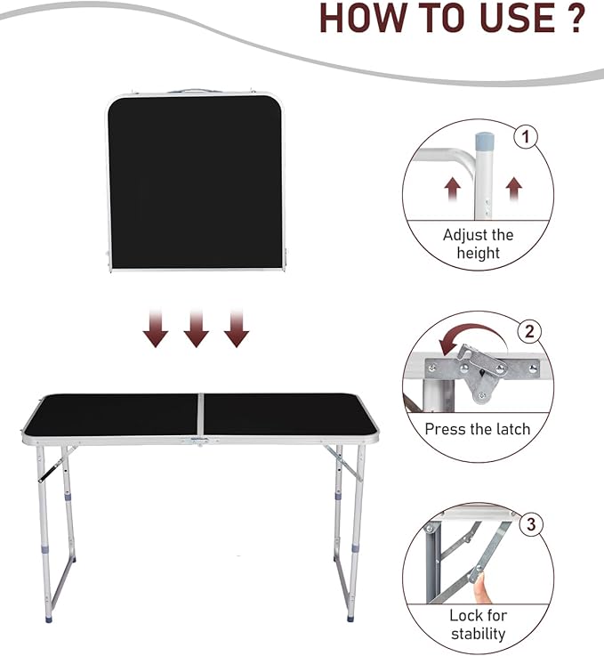 Outvita 4ft Portable Folding Camping Table, Outdoor Waterproof Adjustable Height Table, Aluminum Lightweight Suitcase Foldable Table for Picnic BBQ Beach Dining