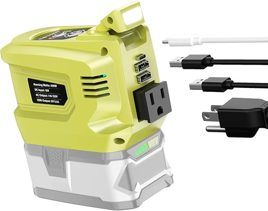 Ecarke 200W Portable Power Inverter Compatible with Ryobi 18V Battery, DC 18V to AC 110V Power Station with 1 AC Outlet, 2 USB, 1 Type-C & LED Light, for Outdoor Emergency Use (No Battery)