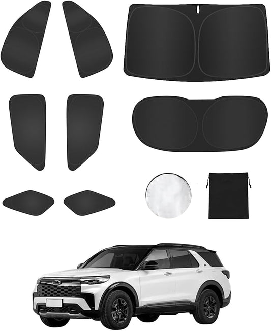 8PCS Window Shade for Ford Explorer 2011-2019 Accessories- Full Coverage Front Rear Side Triangular Windshield Sun Shade Cover Sun Visor Kit - UV Ray & Privacy Protection for Camping