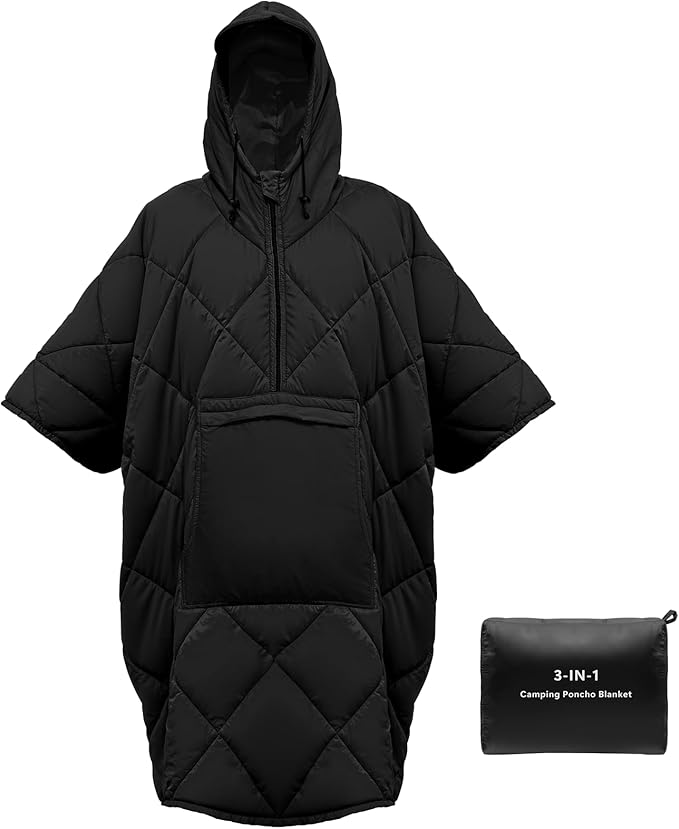 Camping Outdoor Blanket, Ultralight Down Alternative Printed Travel Camp Blankets for Sleeping Packable Waterproof Puffy Quilt for Hammock Picnic Stadium Beach Cold Weather (Black Blanket Poncho)