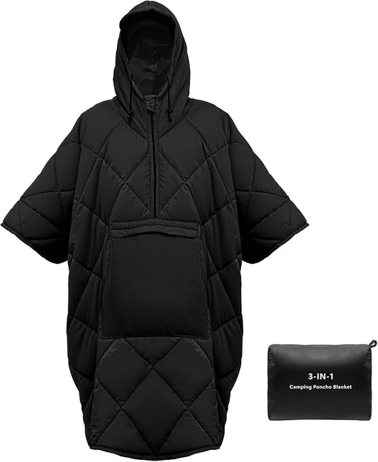 Camping Outdoor Blanket, Ultralight Down Alternative Printed Travel Camp Blankets for Sleeping Packable Waterproof Puffy Quilt for Hammock Picnic Stadium Beach Cold Weather (Black Blanket Poncho)