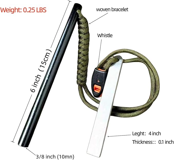 6 Inch Survival Fire Starter, Classic Ferro Rod Fire Starter 3/8 Inch x 6 Inch with Multi-Tool Long Strikes, Suitable for Camping & Hiking Outdoor Emergency
