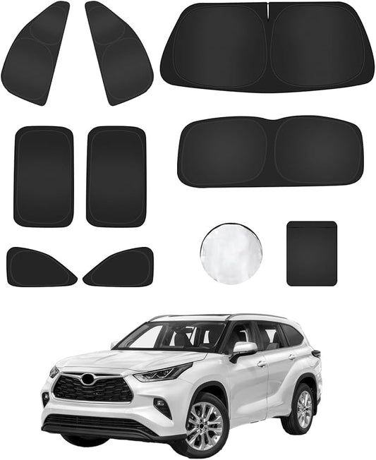 8PCS Windshield Sun Shade for Toyota Highlander 2014-2019 Accessories- Full Coverage Front Rear Side Triangular Window Shade Cover Sun Visor Kit- UV Ray & Privacy Protection for Camping