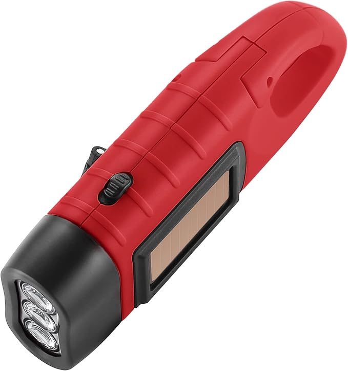 Simpeak 2-Pack Hand Crank Solar Powered LED Flashlight, Emergency Survival Flashlight with Dynamo Carbiner for Outdoor Sports, Red