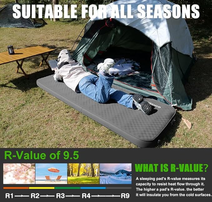 NYECHTO Self Inflating Sleeping Pad for Camping, 4" Extra-Thick Memory Foam Camping Mattress with Electric Pump, Fast Inflate & Deflate, 9.5 R-Value Insulated Camping Pad for Car Travel Tent Cot, Grey