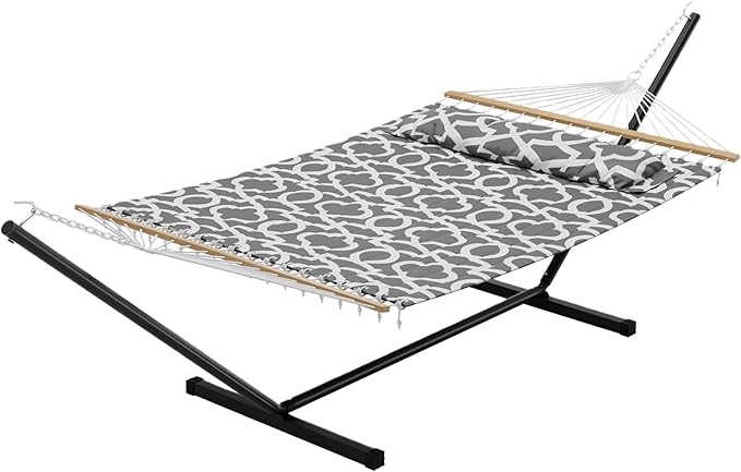 Double Hammock with Stand for 2 Person, Outdoor Freestanding Hammock Bed with 475lb Capacity - Heavy Duty Steel Frame, Quilted Pillow & Portable Carry Bag, Easy Assembly, Light Gray