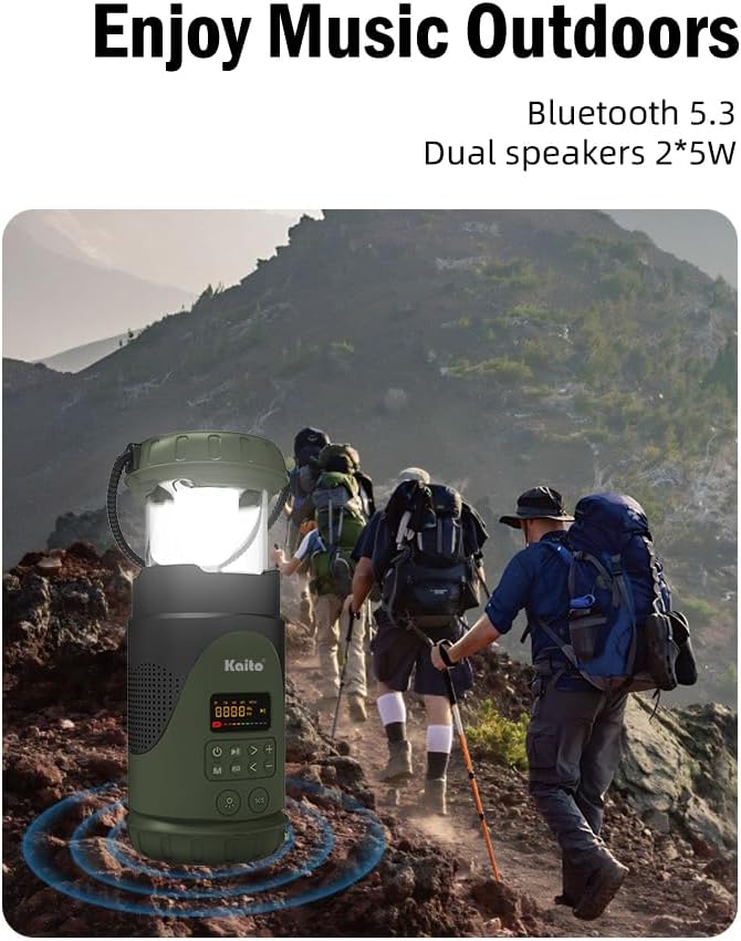 Kaito KL101 Emergency Camping Lantern & Flashlight, Hand Crank & Solar Powered, 5000mAh Rechargeable Battery, AM/FM/Weather Radio, Waterproof, SOS Alarm, USB Charging