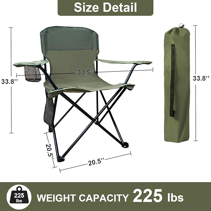 Folding Camping Collapsible Chairs Heavy Duty Lawn Chair with Cooler Bag, Storage Pocket, Waterproof Bag Outdoor Arm Chair, Supports 225LBS, Green
