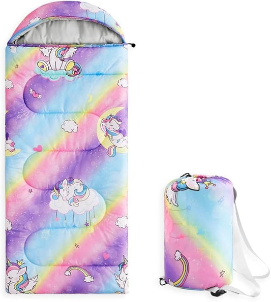 Wake In Cloud - Kids Sleeping Bag for Girls Toddlers, Camping in Warm Cold Weather, Backpacking Lightweight Compact Outdoor Liner for 3 Seasons, Unicorns Rainbow Hearts