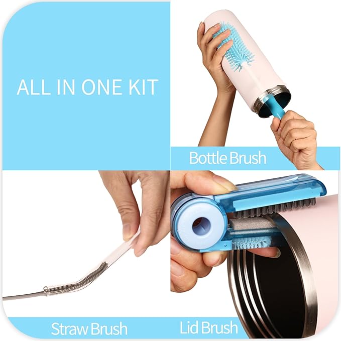 Silicone Cleaning Brush Kit - Water Bottle Brush with Long Handle Heavy Duty Straw Cleaner Brush, 4 in 1 Multipurpose Cup Cleaner Kit for Thermos, Sport Bottles, Coffee Mugs