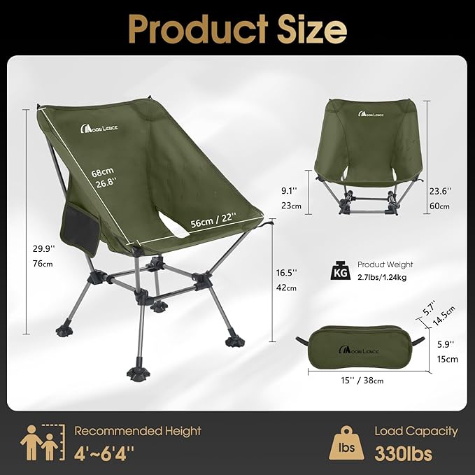 MOON LENCE Camping Chair Plus, Upgraded Comfort & Size, Still Compact and Lightweight, Folding Portable Chair for Backpacking & Hiking, 400Lbs Capacity, Gen 3 Plus (Green)