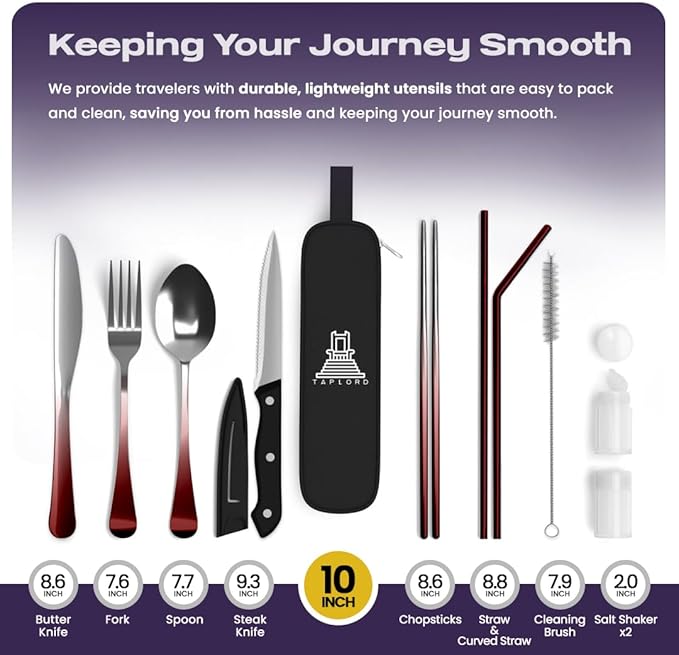 Taplord Portable Travel Silverware Set With Case - Includes 10 Pcs of Utensils, Stainless Steel Flatware For Camping, Easy to Travel, Lightweight (Red Two Tune)