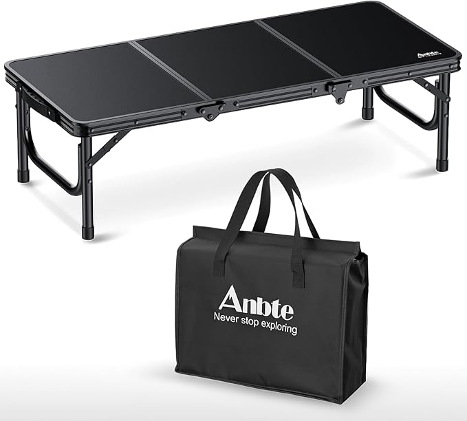 Anbte 3ft Low Folding Picnic Table, 10.3" Height Thicker Aluminum Small Camping Table with Storage Bag, Portable Handle, Lightweight, for Camping Beach Party Picnic Floor, 34.2" x 15.7", Black