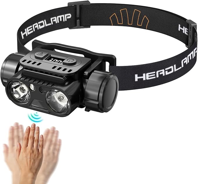 KINGBRO 2Pcs Headlamp, LED Headlamp Rechargeable, High Lumens Bright Head Light with USB-C, Waterproof Sensor Head Lamp for Hard Hat, Running Light for Camping Hiking Fishing (2Pack)