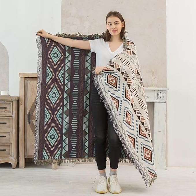 Lqprom Boho Throw Blankets Knit Bed Blankets with Tassel Aztec Western Throws Cover Farmhouse Decor for All Season Sofa Couch Chair Outdoor Camping Picnic Tent Beach Car Traveling 51"x71"