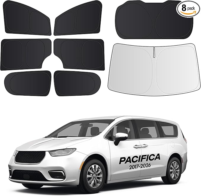 Wigoo 2026 Upgrade 8PCS Full Set Window Sunshade for Chrysler Pacifica 2017-2026 [7-Layer Cooler & Blacker, Ice-Crystal Tech] with Windshield for Sun Block, Baby, Camping, Privacy Napping, Relax