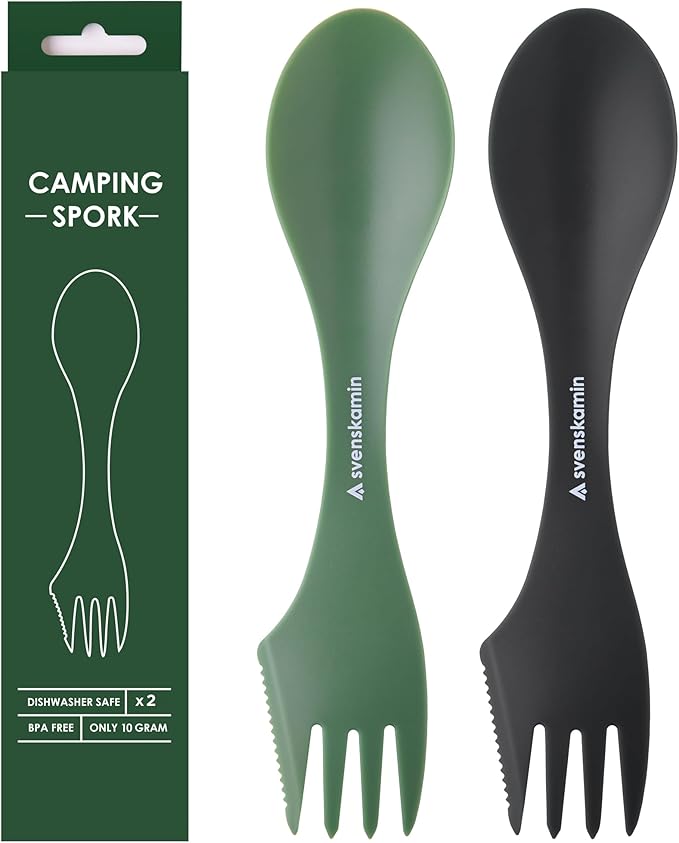 Reusable Camping Spork Set 2-Pack - 3-in-1 Travel Sporks, Lightweight Durable Utensils & Silverware for Tailgate, Outdoors, Hiking, Picnic, Lunch Box - Eco-Friendly Plastic Fork Spoon Knife Combo