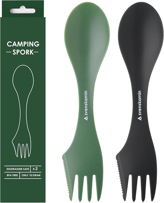 Reusable Camping Spork Set 2-Pack - 3-in-1 Travel Sporks, Lightweight Durable Utensils & Silverware for Tailgate, Outdoors, Hiking, Picnic, Lunch Box - Eco-Friendly Plastic Fork Spoon Knife Combo