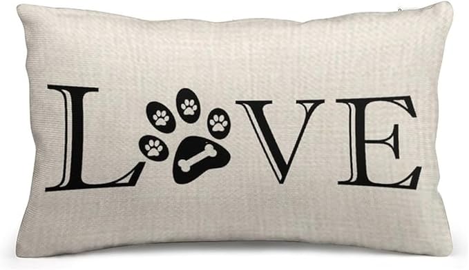 ITFRO Great Pet Dog Lover Gift with Words Love Paw Prints Bone Lumbar Sofa Decorative Beige Cotton Linen Throw Pillow Case Cushion Cover Oblong 12x20 Inches (Print)