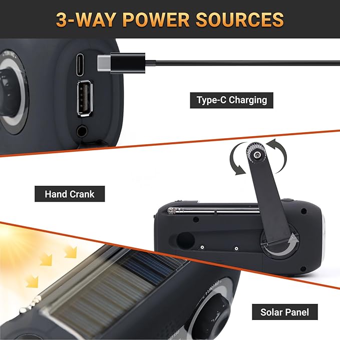 Emergency Crank Weather Radio, Solar Hand Crank Portable AM/FM/NOAA, 3 Mode Flashlight, SOS for Home and Outdoor (Black)