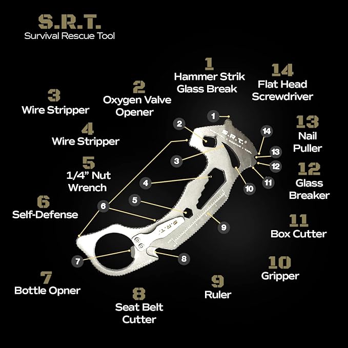 S.R.T. Survival Rescue Tool - 14 Function Premium Rescue Automobile Multitool for Everyday Carry Personal Protection Applications with Seat Belt Cutter and Window Breaker - TSA Compliant