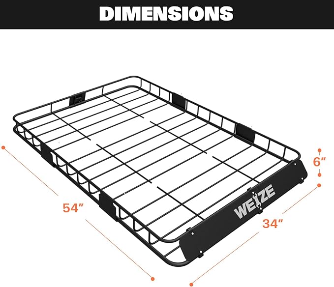 WEIZE 54" x 34" Heavy Duty Roof Rack Basket, 200LBS Universal Rooftop Cargo Basket with Waterproof Bag, Cargo Net & Tie Down Straps, Steel Luggage Holder for Car SUV Truck