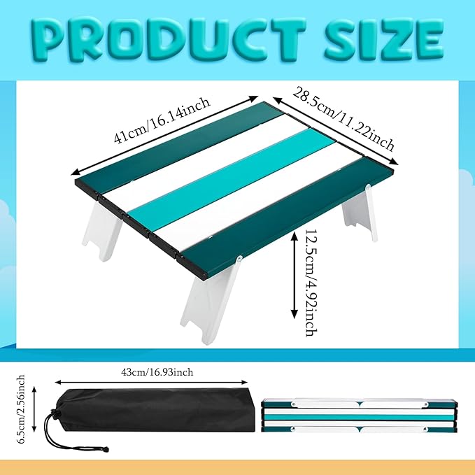 CroBlissful Beach Table Folding Camping Portable Table Striped White Aluminum Side with Carry Bag for Camping Picnics and Outdoor Activities(16x11x5 in,Cyan Green)