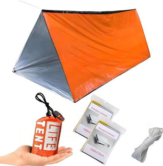 2 Person Emergency Survival Tube Tent, Waterproof Lightweight Shelter with Whistle, Paracord & 2 Thermal Blankets, Sun & Storm Protection for Camping, Hiking, Tornado & Bug Out Kit