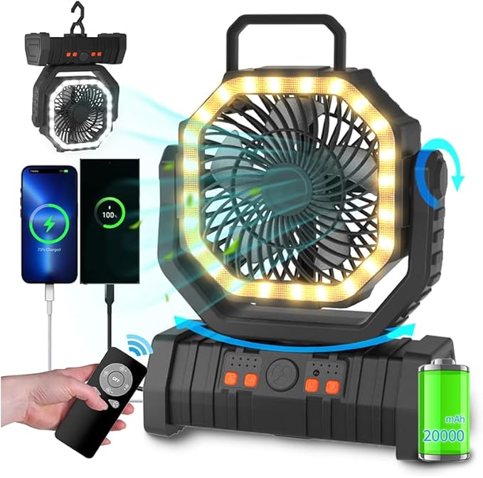 ADUST Portable Camping Fan Battery Powered Operated with LED Light 20000mAh Rechargeable Oscillating Fan with 360° Rotation Hanging Hook for Tents, USB Desk Fan for Bedroom, Office (Black)