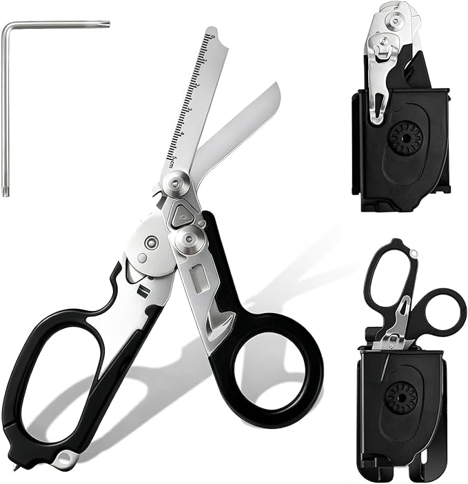 Folding Trauma Shears for EMT Accessories, 6 in 1 Multi-function Medical Shears with Holster for Outdoor Camping, Emergency Rescue, First Responders (Black)