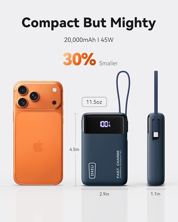 INIU 20000mAh Portable Charger, Small Power Bank, 45W PD Fast Charging Battery Pack with Build in USB-C Cable, Flight Travel Essentials Phone Charger for College Student Travelers Boys Girls, Blue