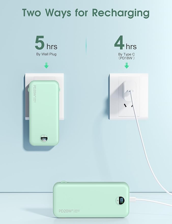 Portable Power Bank, 10000mAh PD20W Phone Charger with Built-in Cables and Wall Plug, USB C Fast Charging Battery Bank with Smart LED Display, External Battery Pack for iPhone, iPad, Samsung etc Green