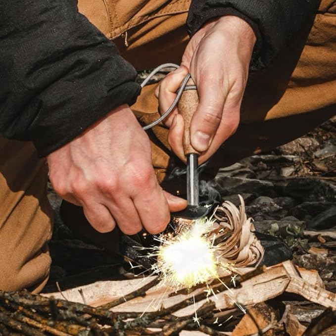 Überleben | Zünden PRO Ferro Rod Fire Starter Survival Tool – Up to 15,000 Strikes, 3/8" Thick Fire Steel with Wood Handle, Striker & Lanyard – Waterproof Camping Essentials (Black Top)