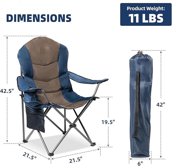 Oversized Camping Chair Heavy Duty- Portable Folding Chair, Cup Holder & Waterproof Phone Case for Adults, Beach, Hiking, Backyard (Blue & Brown, 2 PCS)