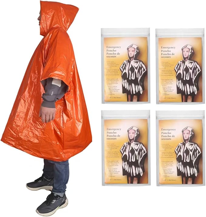 4-Pack Emergency Poncho Orange/Reflective Silver, Reversible Hood Windproof Rainwear with Thermal Mylar Heat Retention, Camping Kits Road Emergencies Storms & Hiking Essential (47” x 39”)