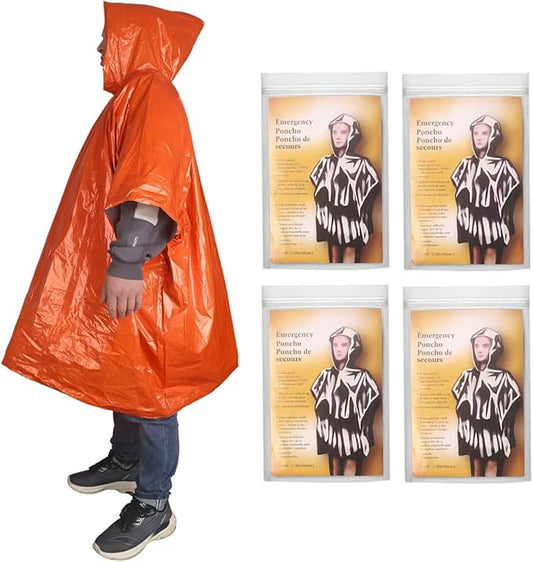 4-Pack Emergency Poncho Orange/Reflective Silver, Reversible Hood Windproof Rainwear with Thermal Mylar Heat Retention, Camping Kits Road Emergencies Storms & Hiking Essential (47” x 39”)