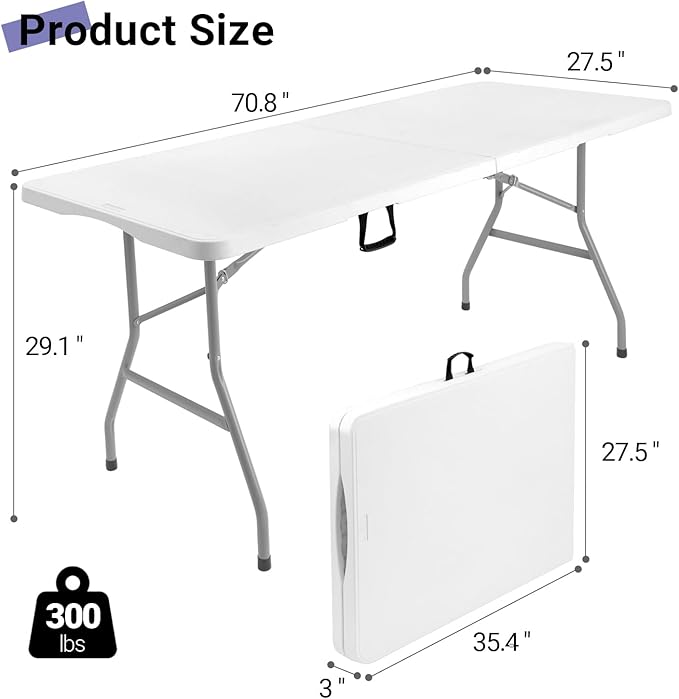 Byliable Folding Table 6ft, Heavy Duty Portable Plastic Fold-in-Half Utility Table with Carrying Handle for Indoor Outdoor, Camping Picnic Party, White