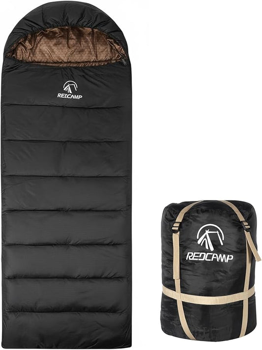 REDCAMP Flannel Sleeping Bag for Adults, Comfortable Cotton Sleeping Bags for Camping with Detachable Hood, Red/Grey/Blue/Black