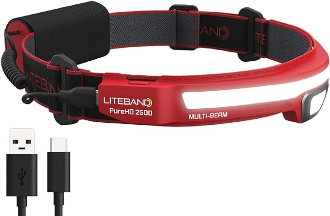 LITEBAND PRO Multi-Beam Rechargeable LED Headlamp, 2500 Lumens, 210° Wide Beam + Focused Spot, PureHD High CRI Light, Hard Hat Compatible, Professional No-Bounce Fit, IPX5 Weather Resistant, Red