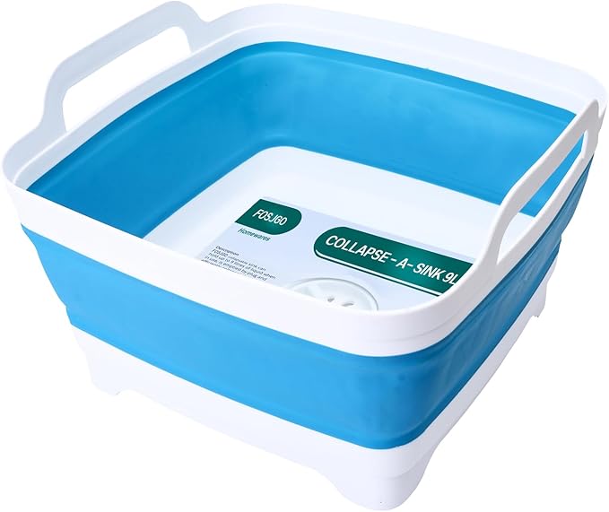 FOSJGO Dish Basin Collapsible with Drain Plug Carry Handles for 9 L Capacity, Collapsible Sink Tub, Dish Wash Basin, Portable Dish Tub, Foldable Dishpan for Camping Dish Washing Tub and RV Sink
