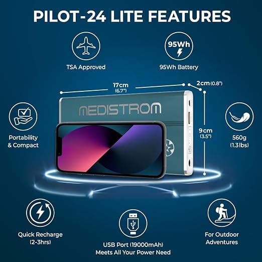 Medistrom Pilot-24 Lite Bundled with Cables for ResMed S9, AirSense 10, AirMini - 95Wh CPAP Battery Backup Power Supply for CPAP Machine - Camping Power Bank Portable Battery - TSA Approved